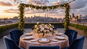 Heartfelt Anniversary Messages to Make Your Husband Feel Loved A luxurious rooftop anniversary celebration at golden hour, featuring a beautifully styled table with blush silk linens, floral centerpiece, warm fairy lights, city skyline backdrop, and a three-tiered wedding cake.