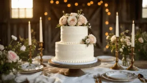 Simple Anniversary Cakes: Elegant Celebration Made Easy A beautifully crafted two-tier white buttercream cake adorned with fresh garden roses and wildflowers, set on a vintage wooden cake stand against a rustic barn backdrop, illuminated by warm golden hour sunlight, surrounded by elegant antique brass candlesticks and mismatched fine china.