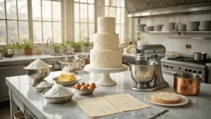 ROYAL WEDDING CAKE: The Ultimate Regal Dessert Guide A beautifully arranged artisanal kitchen scene featuring a royal wedding cake preparation, highlighting precise ingredients, elegant baking tools, and delicate sugar flowers, all bathed in natural light with soft bokeh and a warm color palette.