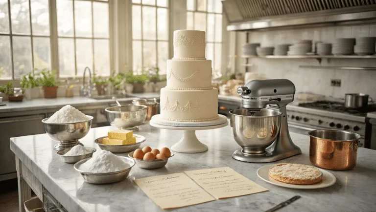 ROYAL WEDDING CAKE: The Ultimate Regal Dessert Guide A beautifully arranged artisanal kitchen scene featuring a royal wedding cake preparation, highlighting precise ingredients, elegant baking tools, and delicate sugar flowers, all bathed in natural light with soft bokeh and a warm color palette.