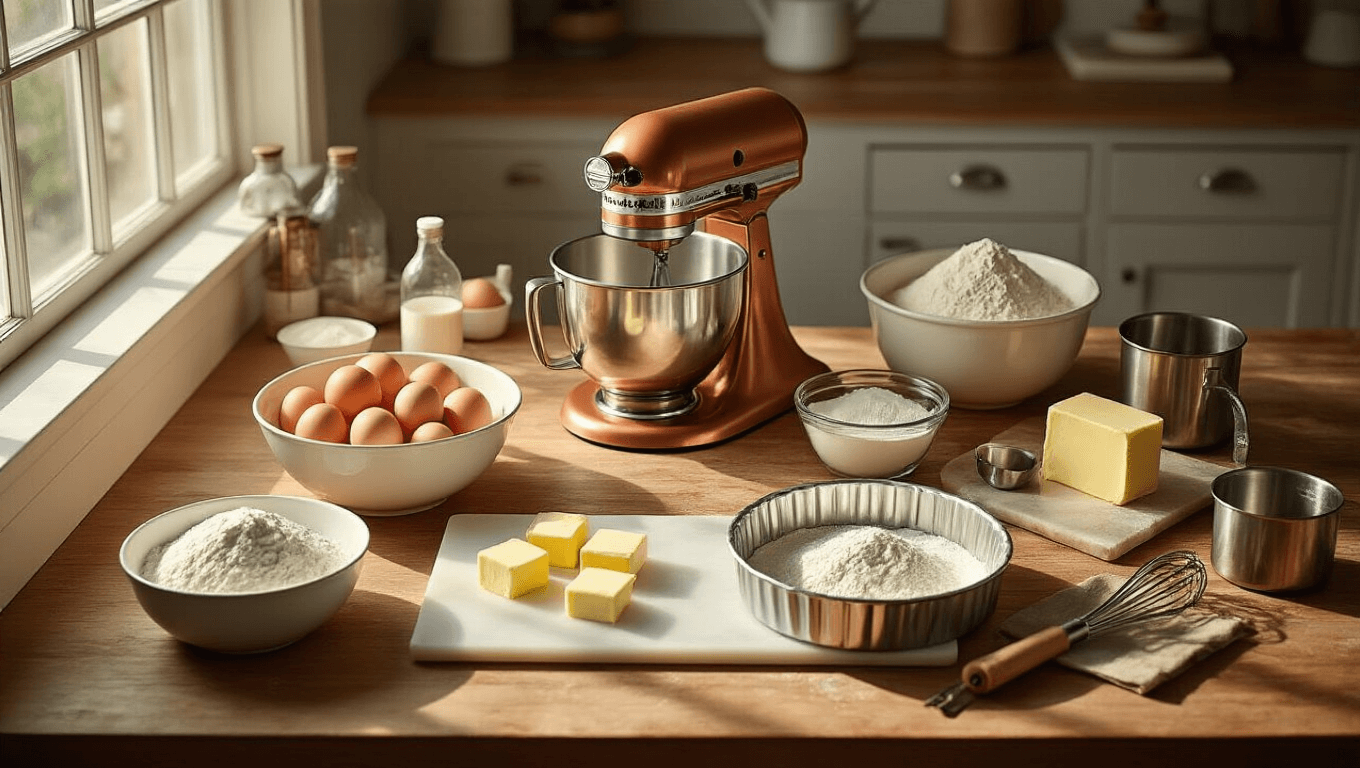 Overhead view of a rustic kitchen counter with a copper KitchenAid mixer, surrounded by farm-fresh eggs, measured flour, softened butter, vanilla extract, and baking tools, all bathed in soft natural sunlight.