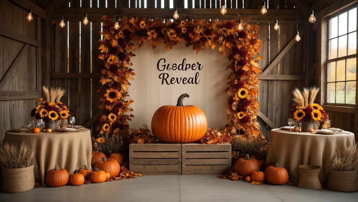 A rustic barn interior adorned for a fall gender reveal, featuring a grand reveal station with an oversized carved pumpkin, autumn leaves, Edison bulb string lights, and burlap-dressed tables with floral centerpieces, all illuminated by golden hour sunlight.