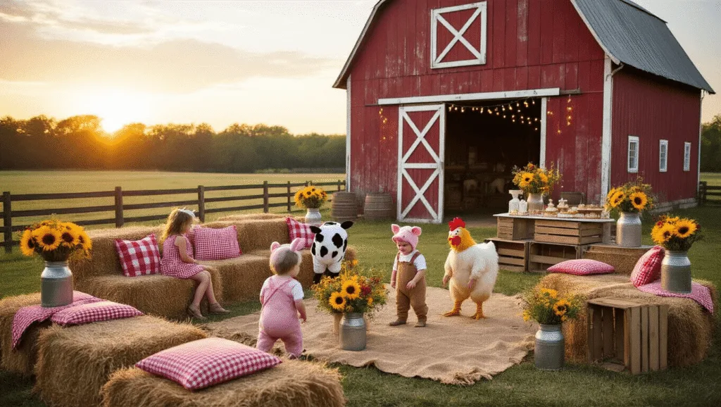 Barnyard Birthday Party: The Ultimate Guide to Creating a Farmyard Celebration That Kids Will Love A rustic outdoor barnyard birthday party at golden hour, featuring a weathered red barn, hay bale seating with gingham cushions, mason jar centerpieces, children in farm animal costumes, a barn-shaped cake, and a photo booth area with cartoon animal cutouts.