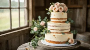 The Ultimate Semi-Naked Wedding Cake: A Rustic Elegance Guide Photorealistic three-tiered semi-naked wedding cake with exposed golden sponge, adorned with dusty pink and cream garden roses, eucalyptus sprigs, and edible gold leaf accents, displayed on a rustic wooden cake stand in a barn setting, captured in soft natural light with intricate texture details and a shallow depth of field.