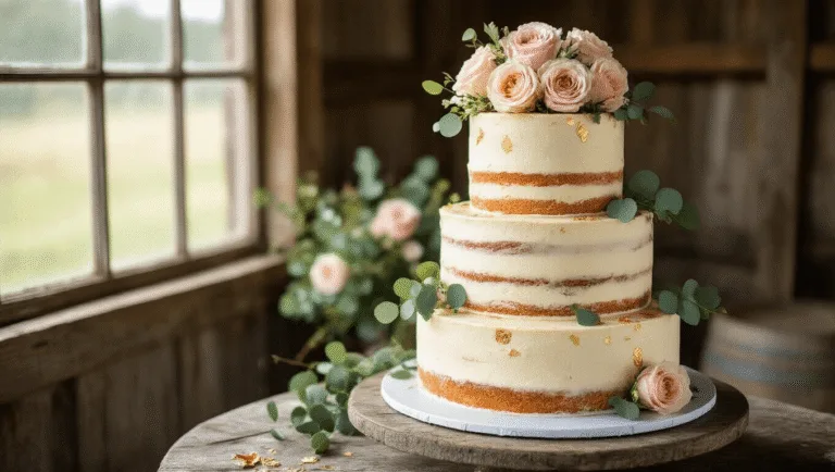The Ultimate Semi-Naked Wedding Cake: A Rustic Elegance Guide Photorealistic three-tiered semi-naked wedding cake with exposed golden sponge, adorned with dusty pink and cream garden roses, eucalyptus sprigs, and edible gold leaf accents, displayed on a rustic wooden cake stand in a barn setting, captured in soft natural light with intricate texture details and a shallow depth of field.