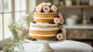 NAKED WEDDING CAKE: THE ULTIMATE GUIDE TO A NATURALLY ELEGANT DESSERT Elegant three-tiered naked wedding cake adorned with blush pink and cream garden roses, wild berries, and rosemary, displayed on an antique pedestal in a rustic bakery setting.