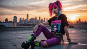 Scene Kid Fashion: Your Ultimate Guide to Nailing the Bold & Bright Dress-to-Impress Look A scene kid model with neon pink and blue hair poses on an urban rooftop at sunset, wearing a bold graphic tee, ripped purple skinny jeans, and platform boots with neon laces, complemented by studded accessories and dramatic eye makeup, set against a warm city skyline.