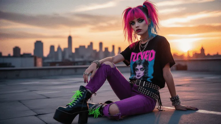 Scene Kid Fashion: Your Ultimate Guide to Nailing the Bold & Bright Dress-to-Impress Look A scene kid model with neon pink and blue hair poses on an urban rooftop at sunset, wearing a bold graphic tee, ripped purple skinny jeans, and platform boots with neon laces, complemented by studded accessories and dramatic eye makeup, set against a warm city skyline.