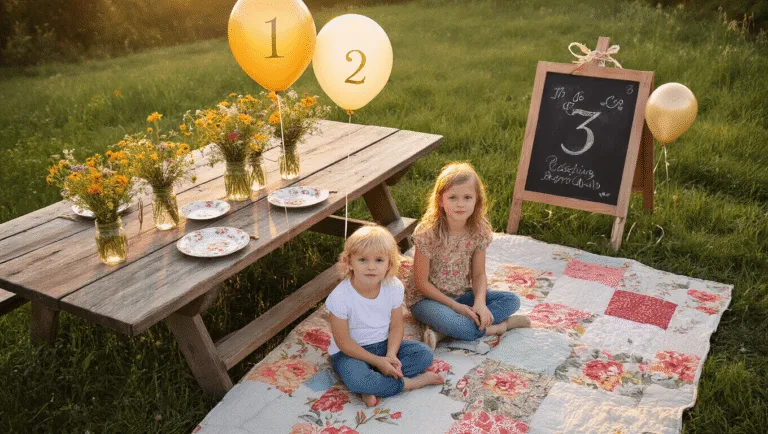 Third Time's the Charm: A Memorable Pregnancy Announcement with Siblings Aerial view of a whimsical backyard at golden hour, featuring children sitting on a patchwork quilt, surrounded by floral china, wildflowers, and helium balloons marked "1," "2," and "3." A chalkboard with "Third Time's a Charm!" is decorated with vines, while warm fairy lights create a dreamy atmosphere.