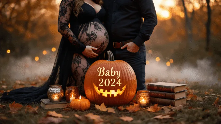 A Spooktacular Halloween Pregnancy Announcement: Tricks, Treats, and Baby Bumps! A cozy fall scene featuring a pregnant woman in a black lace maternity dress and her partner in dark attire, with a carved pumpkin displaying "BABY 2024." The scene includes an ultrasound photo, vintage spell books, mercury glass votives, autumn leaves, and soft string lights, all bathed in warm candlelight and ethereal fog.