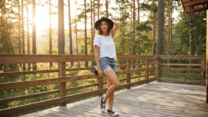 SUMMER CAMP FASHION: HOW TO DRESS TO IMPRESS (While Keeping it Real) A model wearing a white t-shirt and denim shorts poses casually in sneakers on a rustic wooden deck surrounded by pine trees during golden hour.