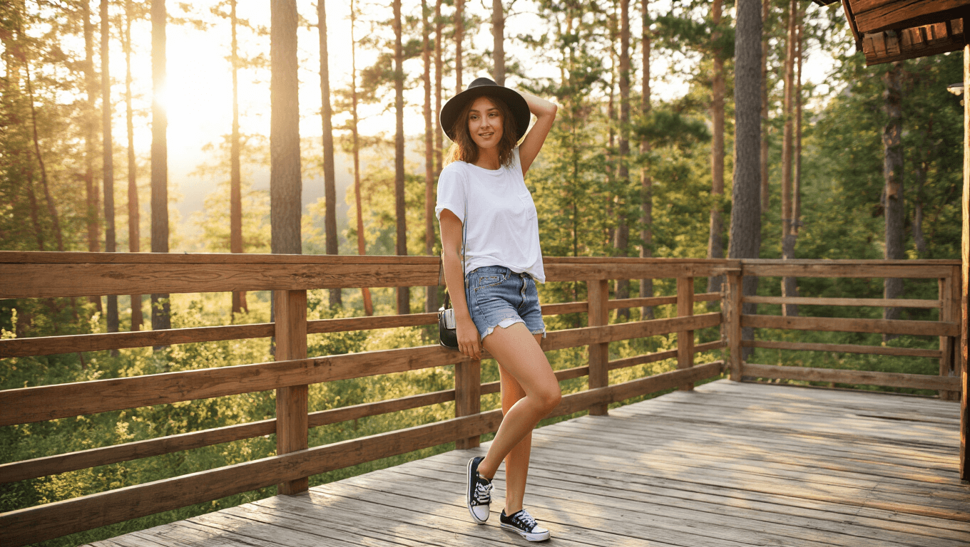 A model wearing a white t-shirt and denim shorts poses casually in sneakers on a rustic wooden deck surrounded by pine trees during golden hour.