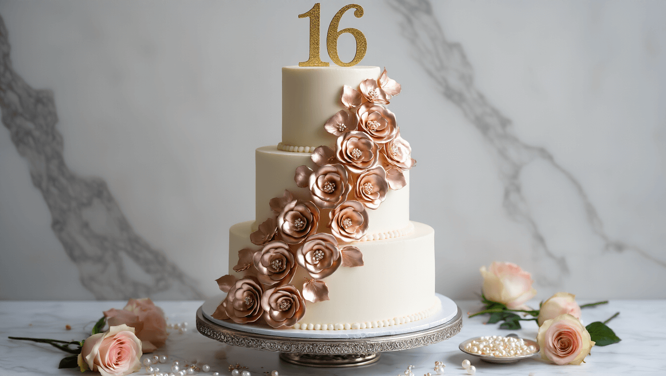 A luxurious three-tiered birthday cake with pearl-white buttercream frosting and metallic rose gold fondant flowers, topped with a gold "16" topper, displayed on an ornate silver stand against a marble backdrop, adorned with edible pearls and fresh blush pink roses.