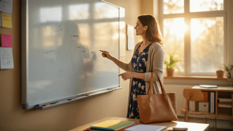 10 Teacher Outfits That Actually Impress (Without Breaking the Bank!) A confident female teacher in a navy floral midi dress and oatmeal cardigan stands by an interactive whiteboard in a sunlit modern classroom, illuminated by warm golden hour light.