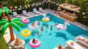 Ultimate Guide to Throwing an Unforgettable Kids Pool Party: Fun, Safe, and Instagram-Worthy! A vibrant aerial view of a luxurious backyard pool party with children splashing in a crystal-clear pool, surrounded by inflatable palm trees and unicorns, parents lounging on white deck chairs, and a tiki snack bar displaying fruits and a sandcastle cake, all under colorful lanterns during golden hour.