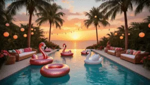 Ultimate Pool Party Content Creation Guide: Your Blueprint for Instagram-Worthy Summer Fun A luxurious tropical pool party at sunset with an infinity pool, designer floats, string lights, rattan furniture, and a tiki bar, all surrounded by palm trees and tropical flowers, captured in soft natural lighting.
