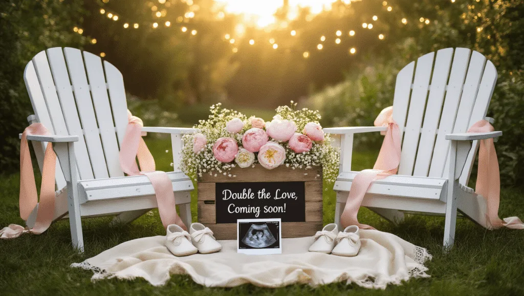 Announcing Twins: The Ultimate Creative Guide A dreamy garden scene at golden hour featuring two white Adirondack chairs with blush pink silk ribbons, a crate overflowing with peonies, a letterboard announcing twins, baby shoes, and an ultrasound photo, all surrounded by delicate fairy lights and dappled sunlight.