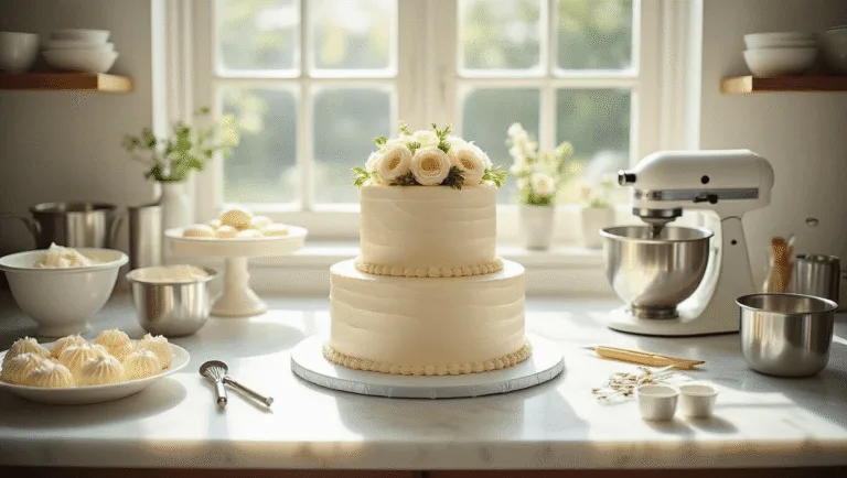 Two-Tier Wedding Cake: Your Ultimate DIY Guide Photorealistic image of a two-tier wedding cake in a professional kitchen, featuring ivory buttercream, edible flowers, and organized baking tools on a marble countertop, illuminated by natural sunlight.