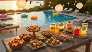Ultimate Pool Party Food Guide: Delicious Eats for Splash-Tastic Fun Photorealistic image of a luxurious poolside party at golden hour featuring a wooden table with vibrant food stations, string lights, and a crystal-clear pool reflecting the sunset, surrounded by plush lounge chairs and bright floats.