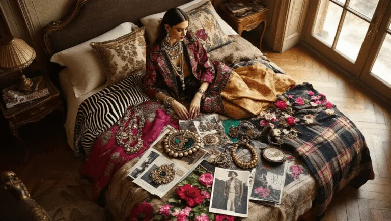 HOW TO ROCK MAXIMALIST FASHION: YOUR GUIDE TO BOLD & BEAUTIFUL OUTFITS A birds-eye view of a vintage flatlay showcasing jewel-toned garments, mixed patterns, and metallic accessories on an antique bed, illuminated by morning light on a herringbone wood floor.