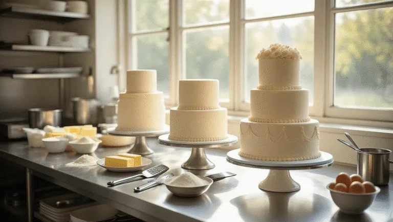 Traditional Wedding Cake: The Ultimate Guide to Creating a Stunning Centerpiece A sunlit professional bakery workspace featuring three cake tiers in various stages of completion on a stainless steel countertop, surrounded by baking tools and ingredients, with a pastry chef's hands at work in a controlled environment.