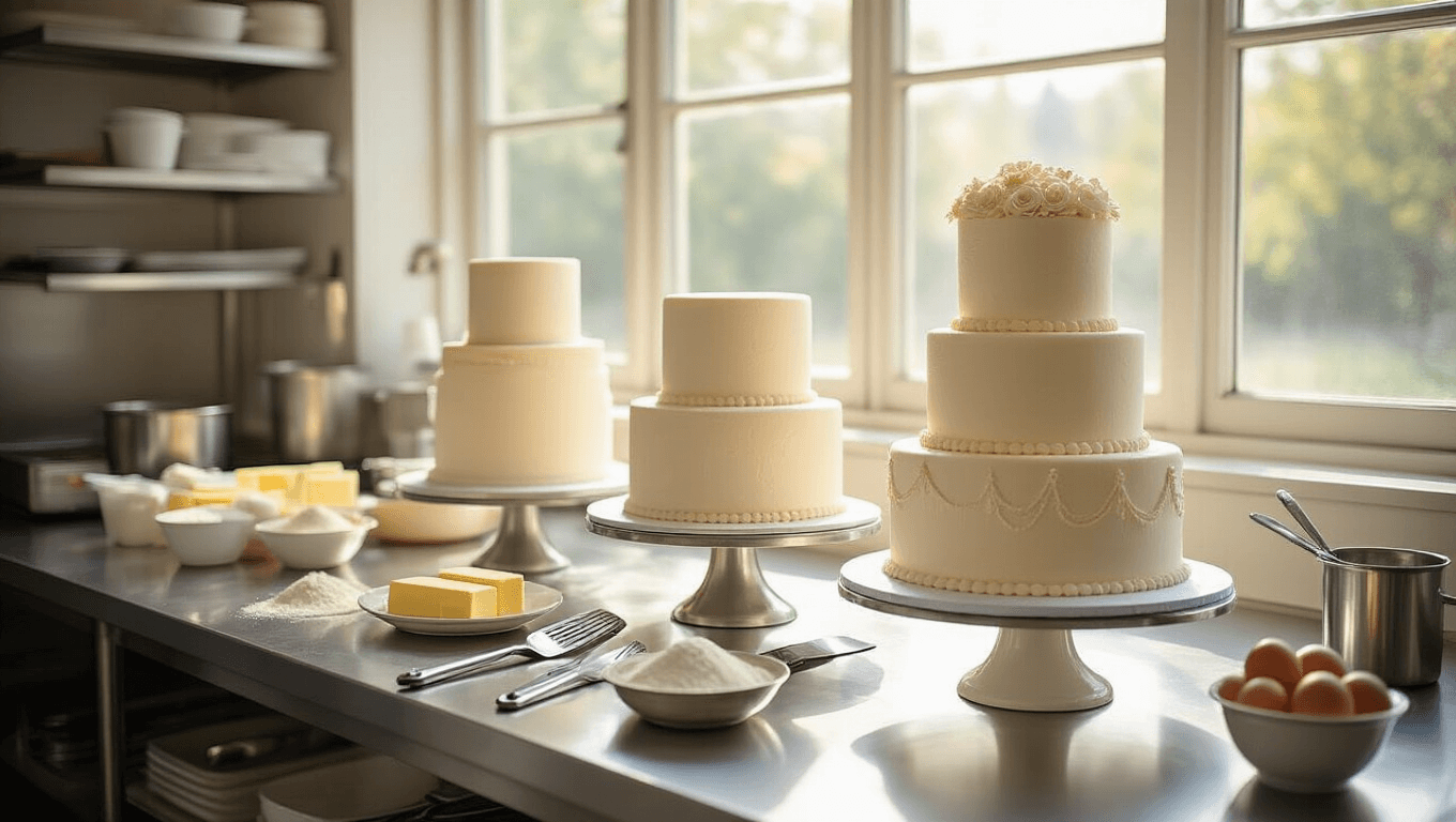 A sunlit professional bakery workspace featuring three cake tiers in various stages of completion on a stainless steel countertop, surrounded by baking tools and ingredients, with a pastry chef's hands at work in a controlled environment.
