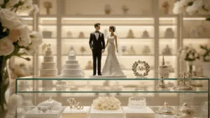 Wedding Cake Topper: The Ultimate Guide to Crowning Your Celebration Cake A professional showroom display of luxury wedding cake toppers featuring porcelain figurines, metallic monograms, and acrylic designs, illuminated by soft ambient lighting on glass shelves against a cream-colored backdrop.