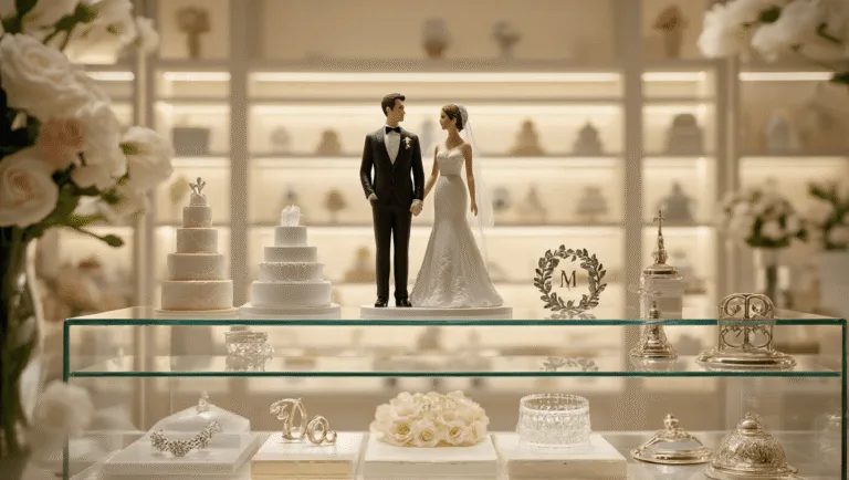 Wedding Cake Topper: The Ultimate Guide to Crowning Your Celebration Cake A professional showroom display of luxury wedding cake toppers featuring porcelain figurines, metallic monograms, and acrylic designs, illuminated by soft ambient lighting on glass shelves against a cream-colored backdrop.