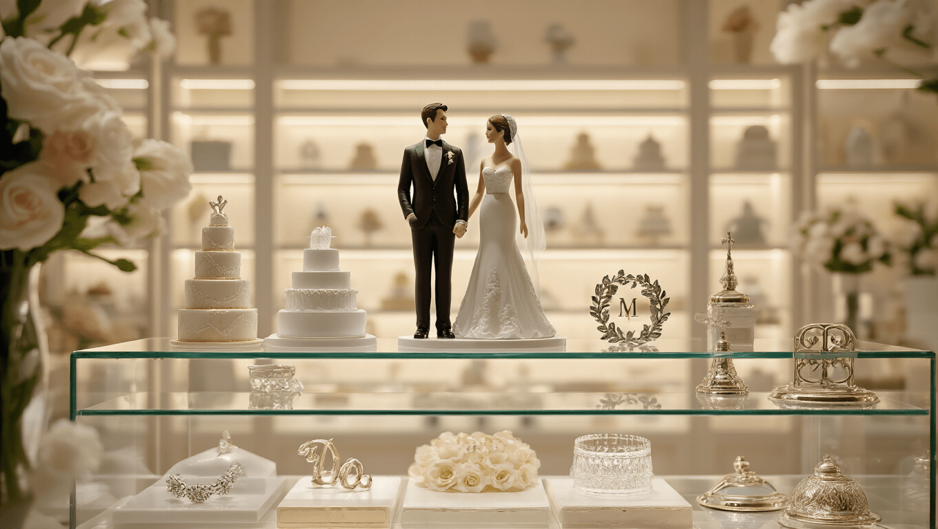 A professional showroom display of luxury wedding cake toppers featuring porcelain figurines, metallic monograms, and acrylic designs, illuminated by soft ambient lighting on glass shelves against a cream-colored backdrop.