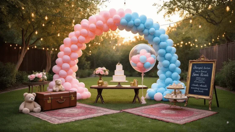 Gender Reveal Party Decor: Creating the Perfect Celebration A whimsical backyard gender reveal party setup at golden hour, featuring a grand ombre balloon arch, vintage rugs, low wooden tables with brass accents, fairy lights overhead, a large transparent reveal balloon filled with pink and blue balloons, antique suitcases with teddy bears, chalkboards with handwritten messages, and an elegant dessert cart with a gradient pink and blue fondant cake.