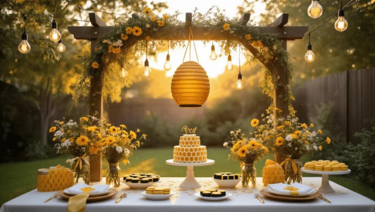 Magical Gender Reveal Decor: Creating Unforgettable Moments of Anticipation A sun-drenched backyard gender reveal party setup featuring honeycomb-patterned tablescapes, suspended edison bulb lights, a beehive-shaped piñata, and a dessert table with geometric honeycomb cakes and striped macarons, all illuminated with warm golden light.