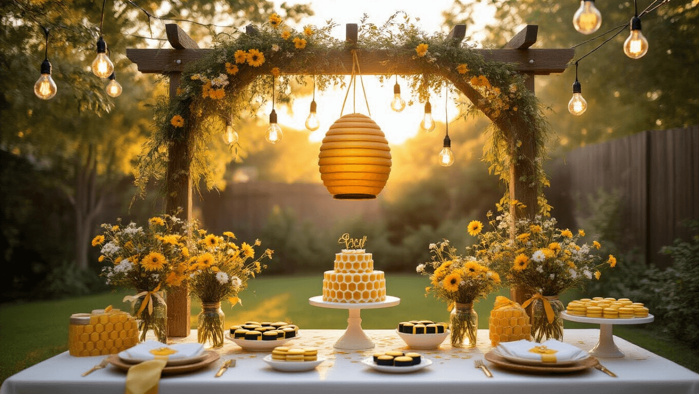 A sun-drenched backyard gender reveal party setup featuring honeycomb-patterned tablescapes, suspended edison bulb lights, a beehive-shaped piñata, and a dessert table with geometric honeycomb cakes and striped macarons, all illuminated with warm golden light.