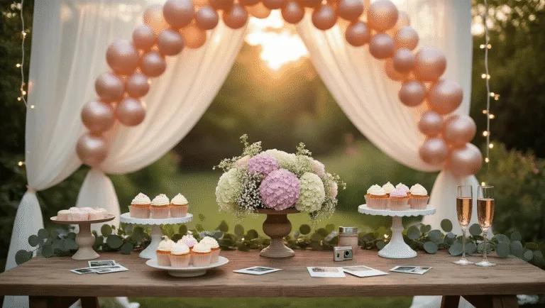10 Simple Gender Reveal Ideas for an Unforgettable Moment A dreamy garden party setup for a gender reveal celebration, featuring a rustic wooden table adorned with pastel hydrangeas and eucalyptus, frosted cupcakes, rose gold balloon arches, polaroid cameras, and champagne flutes, all bathed in soft golden hour light.