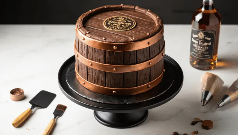 Ultimate Men's Birthday Cake Guide: From Classic to Crazy Cool A hyper-realistic whiskey barrel cake on a black rotating stand, featuring intricate woodgrain fondant and metallic copper rings, surrounded by decorating tools and scattered edible metallic powder, captured in soft lighting with a shallow depth of field.