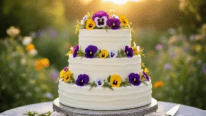 Wildflower Wedding Cake: A Botanical Masterpiece for Your Special Day A three-tiered wedding cake adorned with edible wildflowers, displayed on a silver cake stand in a soft-focus garden during golden hour, highlighting its pristine buttercream frosting and intricate floral design.
