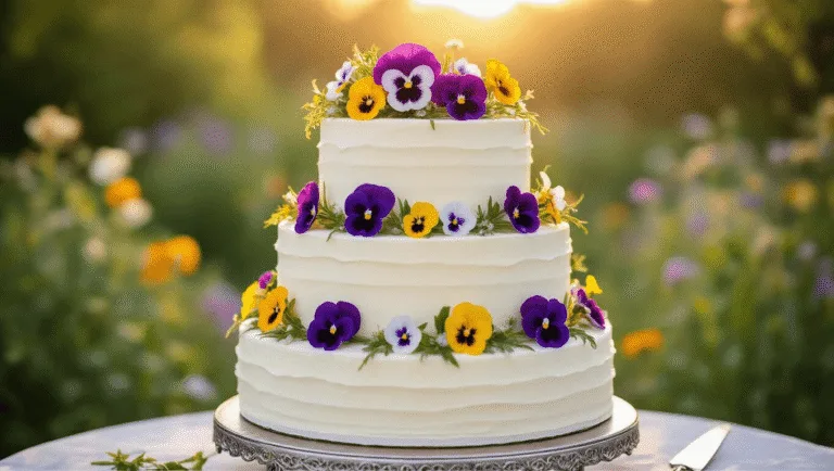 Wildflower Wedding Cake: A Botanical Masterpiece for Your Special Day A three-tiered wedding cake adorned with edible wildflowers, displayed on a silver cake stand in a soft-focus garden during golden hour, highlighting its pristine buttercream frosting and intricate floral design.