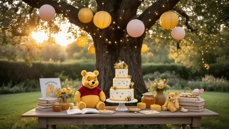 Winnie the Pooh Gender Reveal: A Magical Celebration of New Life A dreamy garden party setting during golden hour featuring a grand oak tree with honey-gold lanterns and pastel balloons, a rustic wooden table adorned with Winnie the Pooh storybooks, honey pots filled with wildflowers, and plush toys. A statement dessert table showcases a 3-tier naked cake with honeycomb patterns, surrounded by softly glowing fairy lights. The warm sunlight filters through branches, creating a magical atmosphere with soft focus and muted colors.