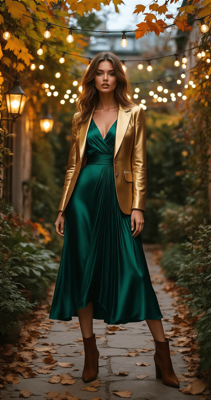 Fall Wedding Guest Dresses: Your Ultimate Style Guide for 2025 A model in a midi-length emerald green satin dress and a fitted gold metallic blazer poses on an outdoor garden terrace at dusk, with twinkling string lights and fallen autumn leaves. Her hair is styled in loose waves, and she wears deep brown suede block-heel ankle boots, captured from a low angle with natural lighting.