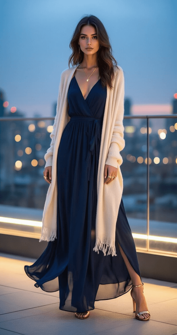 Fall Wedding Guest Dresses: Your Ultimate Style Guide for 2025 A model in a navy chiffon maxi dress and cream cashmere wrap poses on an urban rooftop at blue hour, with city lights in the background and a glass balustrade. The dress flows in the wind, revealing bronze metallic heels, complemented by minimal gold jewelry.