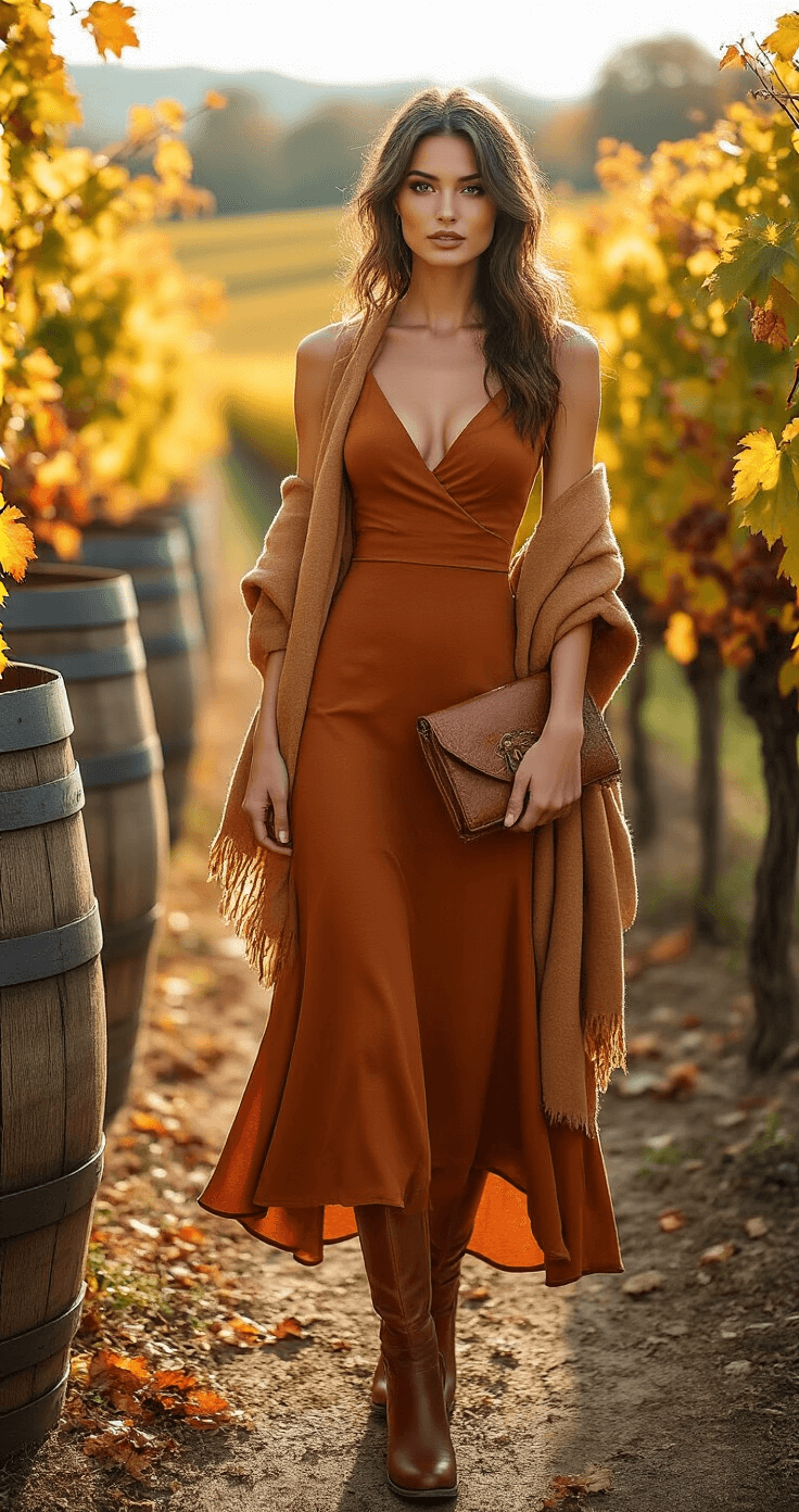 Fall Wedding Guest Dresses: Your Ultimate Style Guide for 2025 A model in a rust-colored tea-length dress stands in a rustic vineyard during late afternoon, surrounded by autumn grapevines and weathered barrels, wearing cognac leather boots and a camel-colored wool wrap, with a vintage clutch in hand, all illuminated by warm backlighting that enhances the fall colors and creates a dreamy bokeh effect.