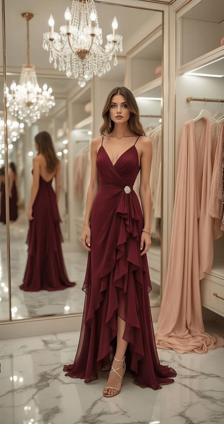Fall Wedding Guest Dresses: Your Ultimate Style Guide for 2025 A luxurious boutique dressing room featuring marble floors and mirrored walls, displaying a burgundy chiffon wrap dress with cascading ruffles, under sparkling crystal chandeliers. The scene includes gold strappy sandals, a vintage brooch, and a blush pink silk shawl, all highlighted by soft, diffused lighting that emphasizes elegant fabric movement.