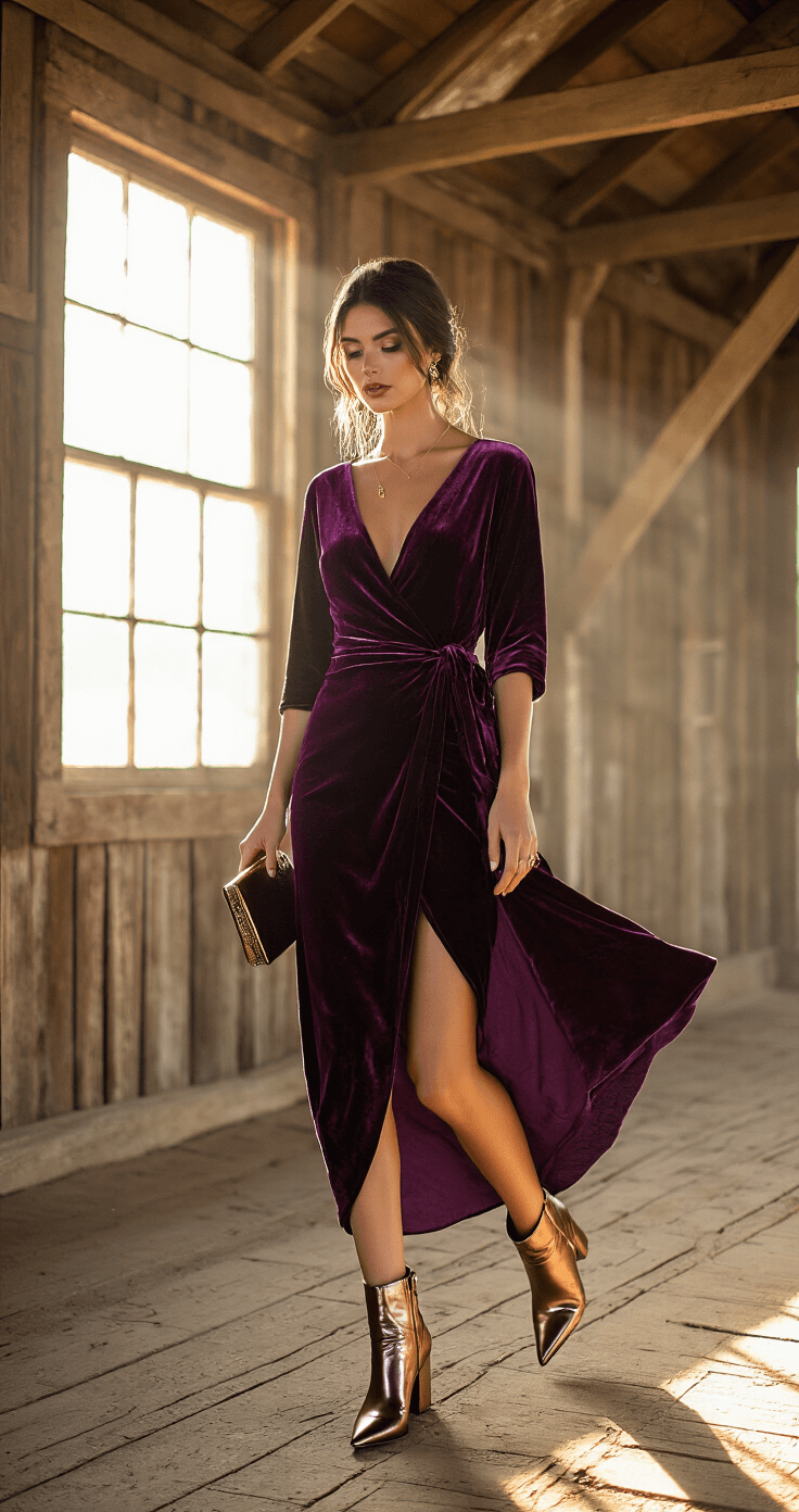 Fall Wedding Guest Dresses: Your Ultimate Style A model in a deep purple velvet wrap dress and metallic ankle boots walks gracefully through a rustic barn wedding setup, with exposed wooden beams and late afternoon light streaming through the windows, highlighting her movement and creating a subtle silhouette. She accessorizes with a vintage-inspired clutch and minimal gold jewelry.