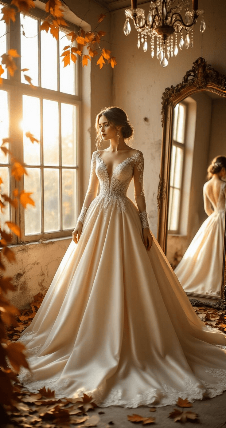 FALL WEDDING DRESSES: YOUR COMPLETE GUIDE TO AUTUMN BRIDAL STYLE A bride in a champagne-colored silk ballgown with lace long sleeves stands in a rustic bridal boutique, illuminated by golden-hour sunlight streaming through large windows, surrounded by velvet autumn leaves, a vintage mirror, and a crystal chandelier.
