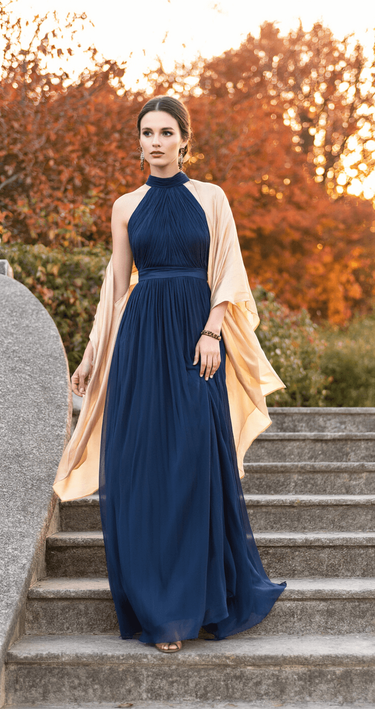 Fall Wedding Guest Dresses: Your Ultimate Style Guide for Autumn Celebrations An elegant garden venue at dusk showcases a model in a navy blue high-neck maxi dress with delicate pleating, gracefully ascending stone steps. She wears a champagne-colored silk shawl and antique bronze jewelry that glimmers in the sunset. The backdrop features vibrant autumn foliage in burnt orange and deep red, illuminated by professional lighting for an atmospheric glow.