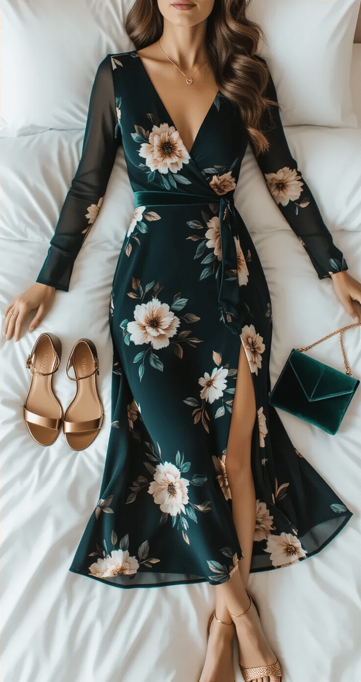 Fall Wedding Guest Dresses: Your Ultimate Style Guide for Autumn Celebrations A flat-lay view of a dark floral midi dress with long sleeves laid on a plush white bed, accompanied by bronze heeled sandals, delicate gold jewelry, and a deep green velvet clutch, all illuminated by soft, diffused lighting during blue hour.