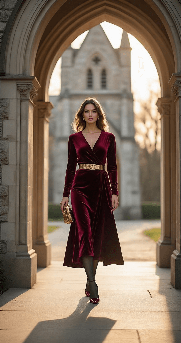 Fall Wedding Guest Dresses: Your Ultimate Style Guide for Autumn Celebrations A model walks through an archway of a historic chapel during magic hour, wearing a luxurious wine-red velvet wrap dress with sheer black tights and block heel pumps, accented by a metallic gold belt and matching clutch, all beautifully illuminated by natural backlighting.