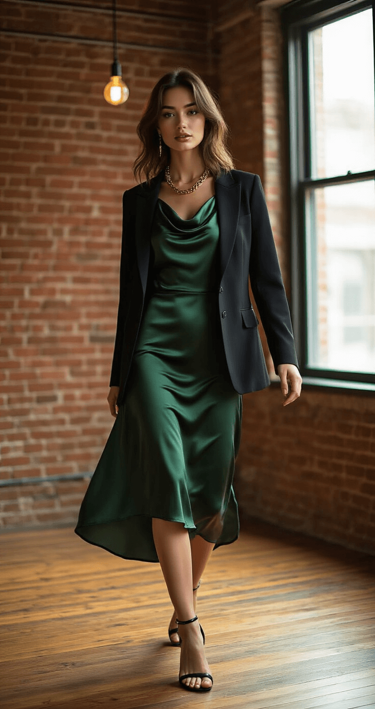 Fall Wedding Guest Dresses: Your Ultimate Style Guide for Autumn Celebrations A model in a forest green satin midi dress layered with a fitted black blazer moves gracefully in a cozy indoor venue with exposed brick walls, illuminated by warm artificial lighting and natural window light, creating a soft bokeh effect.