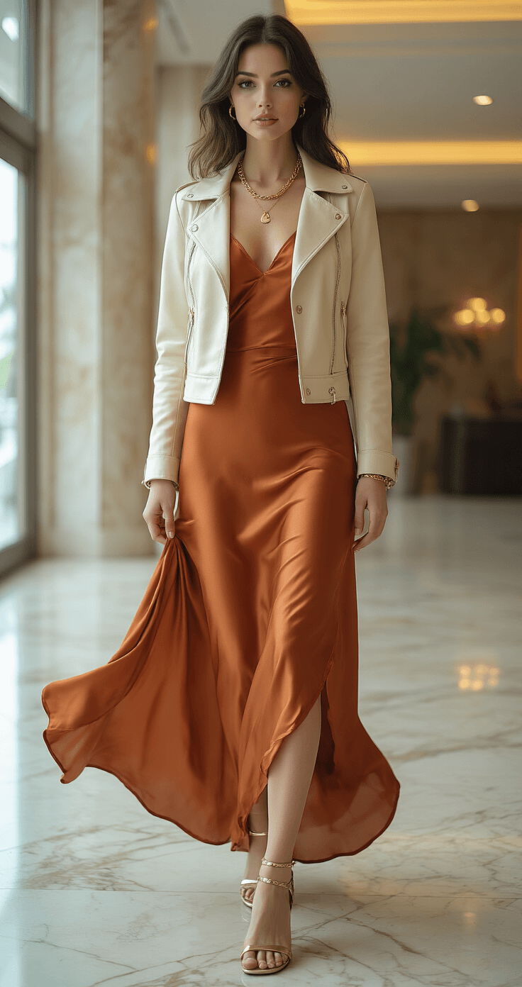 Fall Wedding Guest Dress Guide: What to Wear & How to Style It A woman in a rust-colored silk charmeuse slip dress and a fitted cream leather jacket stands in a modern hotel lobby with marble floors, dramatic lighting, and a low angle shot that captures the graceful movement of her outfit, complemented by a gold chain necklace and strappy metallic sandals.