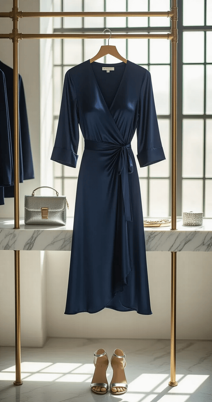 Fall Wedding Guest Dresses With Sleeves: Your Complete Style Guide for 2025 A modern minimalist dressing room featuring a navy blue satin wrap dress on a brass clothing rack, afternoon light casting geometric shadows from gridded windows, styled with silver accessories, a marble vanity displaying curated jewelry pieces, and an emphasis on clean lines and luxe textures.