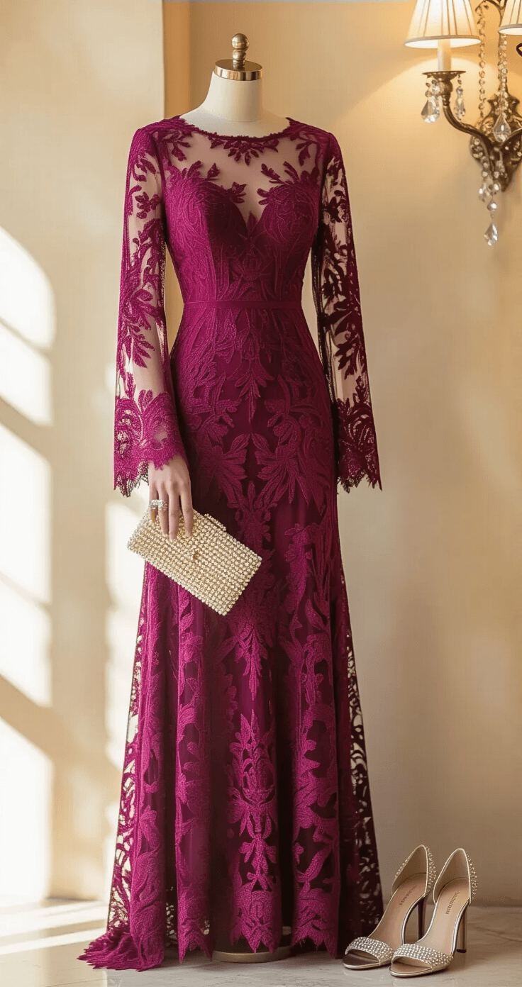 Fall Wedding Guest Dresses With Sleeves: Your Complete Style Guide for 2025 An elegant bridal boutique corner featuring a rich magenta lace-detailed maxi dress hanging against a cream wall, surrounded by pearl drop earrings, a beaded clutch, and metallic block heels, all softly illuminated by warm crystal sconces.